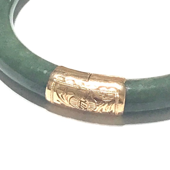14 K Gold Natural Green Jade Bangle - Picture 3 of 8